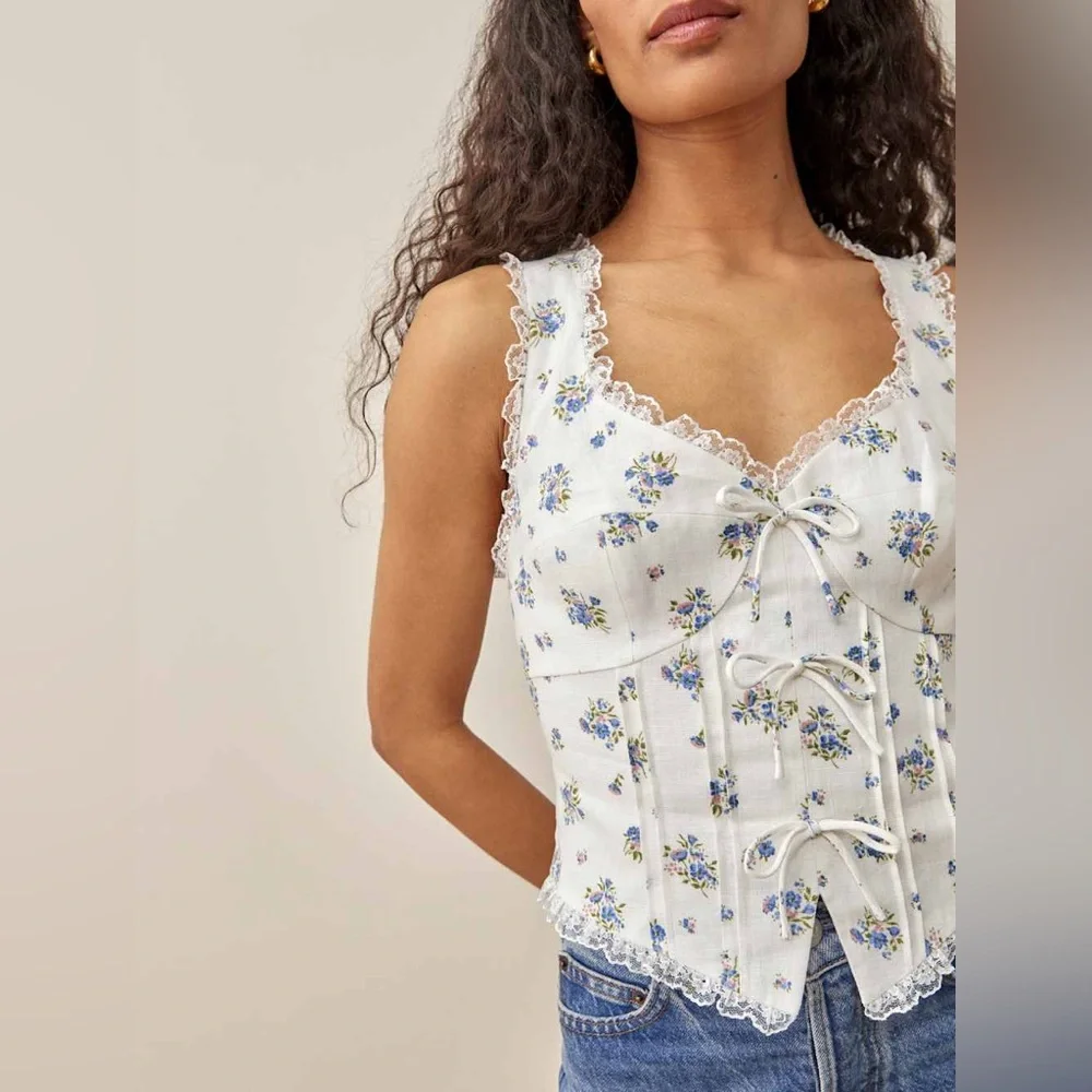 NWOT Reformation Brenda Linen Top size 4 women’s top bow floral lace shirt - Picture 3 of 9